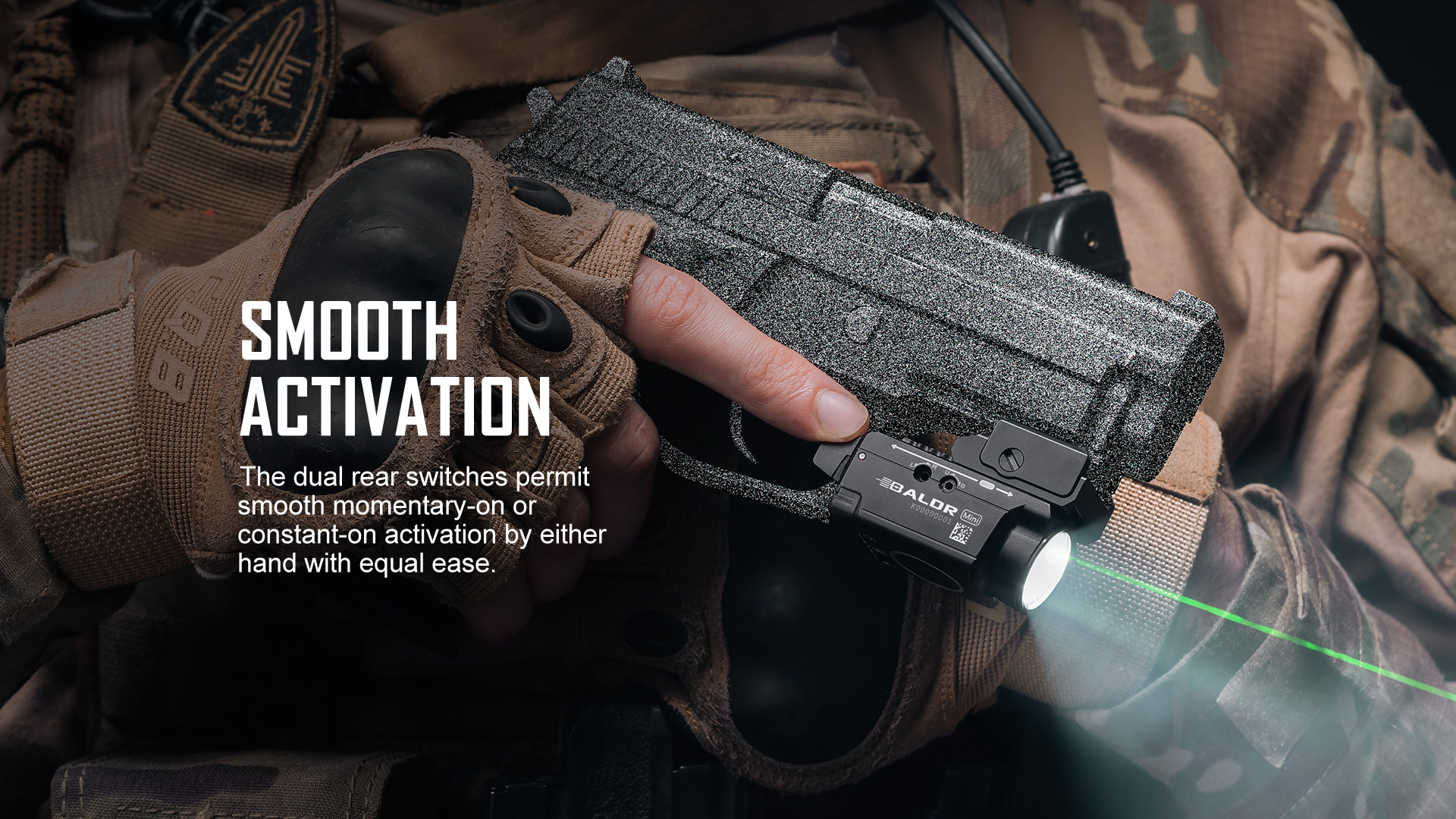 Olight Baldr Mini Tan 600 Lumen Pistol Flashlight with Green Laser